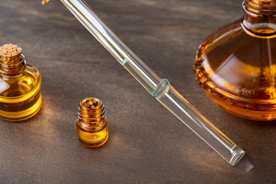 Main tenant une pipette en verre au-dessus d'un flacon d'huile essentielle