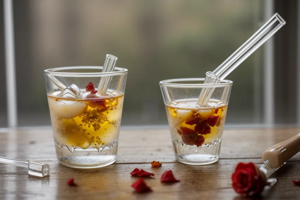 Gros plan d'une pipette versant un hydrolat limpide à côté de pétales de rose séchés.