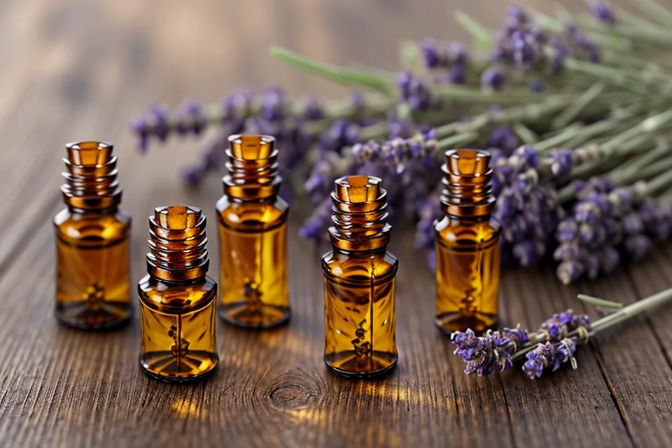 Gros plan sur les étiquettes détaillées de flacons ambrés d'aromathérapie