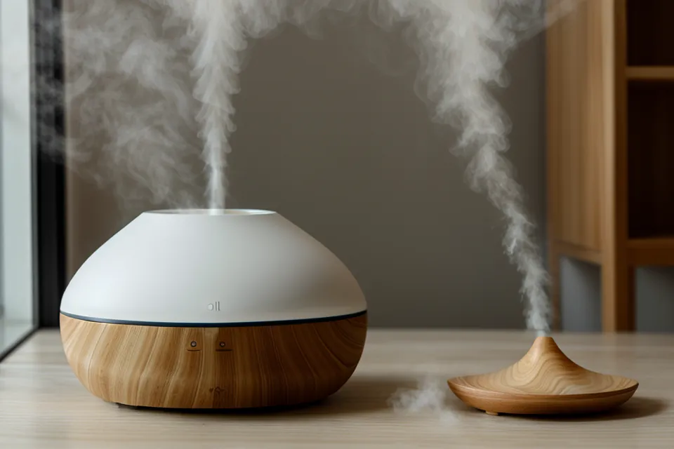 Diffuseur d'huiles essentielles à ultrasons diffusant une brume fine dans un salon