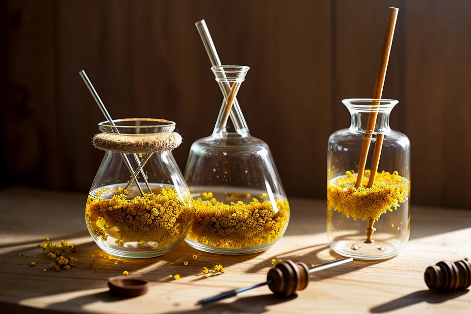 Bécher en verre et fleurs de camomille séchées sur une table en bois.