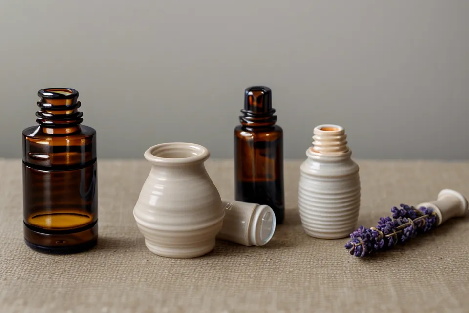 Inhalateur d'huiles essentielles en céramique et flacon de lavande sur tissu.