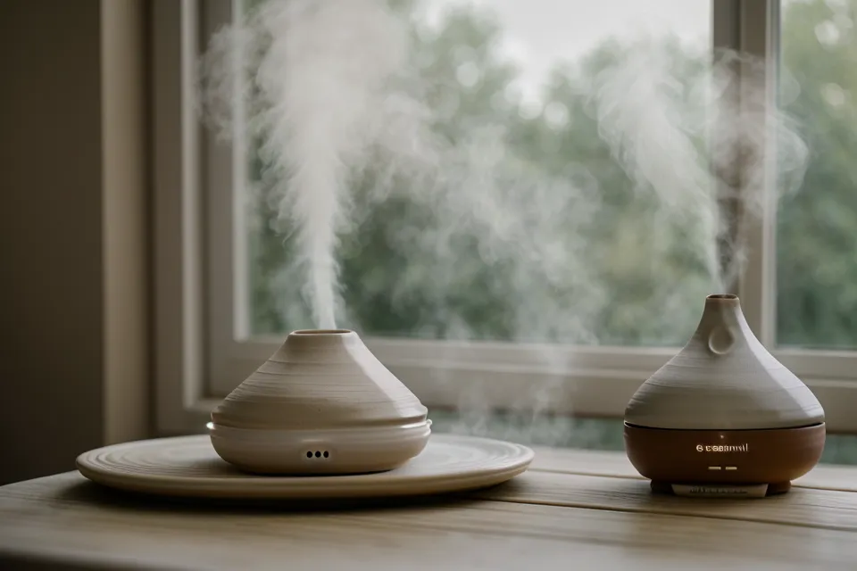 Sécurité seniors et huiles essentielles : diffuseur en céramique dans un salon lumineux, alternative à l'inhalation directe