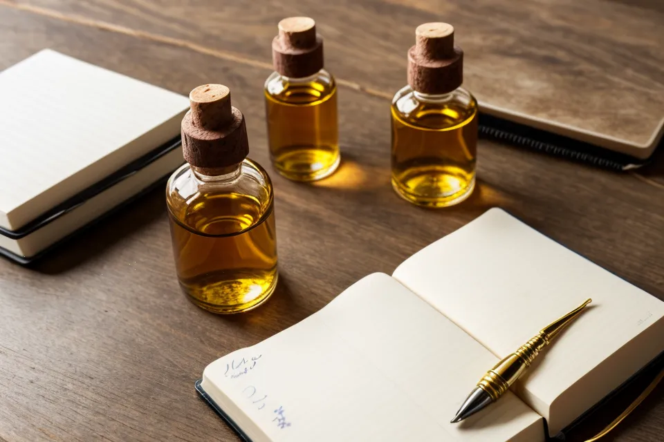 Main écrivant des règles de dilution à côté d'un flacon roller de 10ml