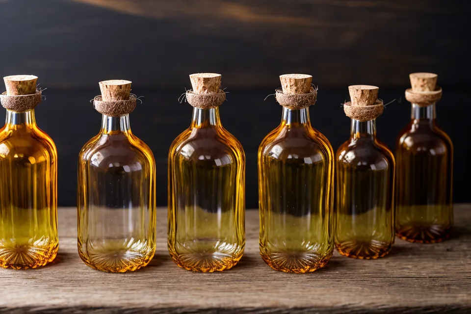 Gros plan sur une main choisissant un flacon d'huile essentielle de 10ml parmi six flacons.