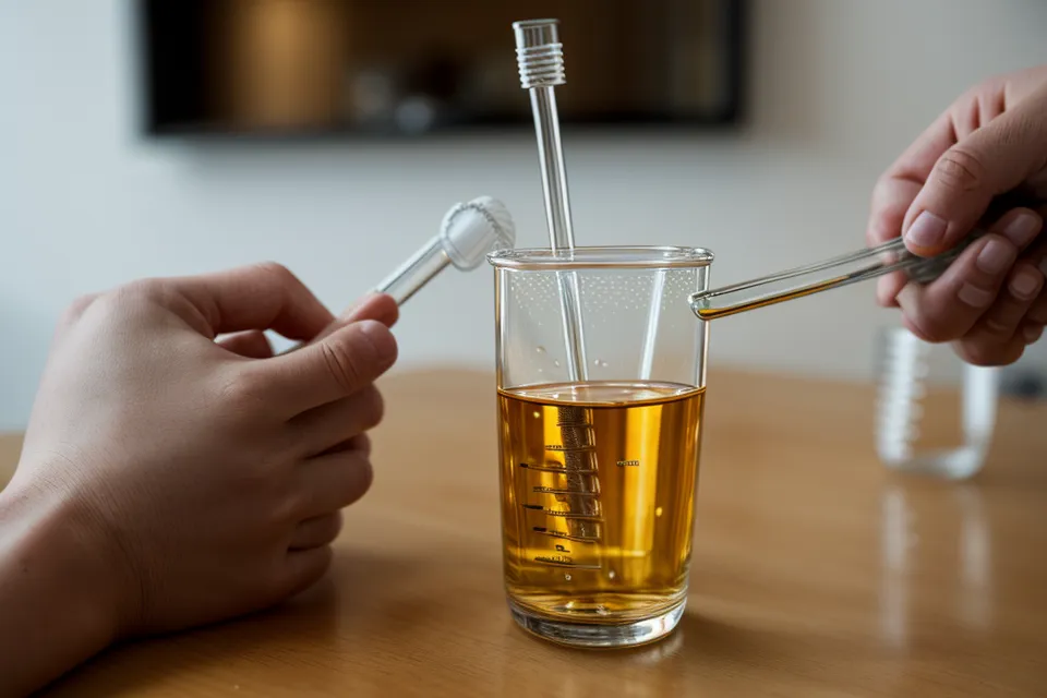Main utilisant une pipette en verre pour doser précisément une huile essentielle dans un bécher.