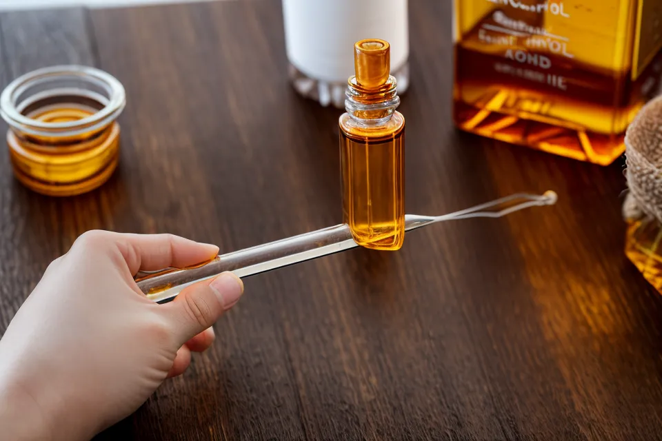 Gros plan d'une pipette au-dessus d'un flacon d'huile essentielle pour un dosage précis