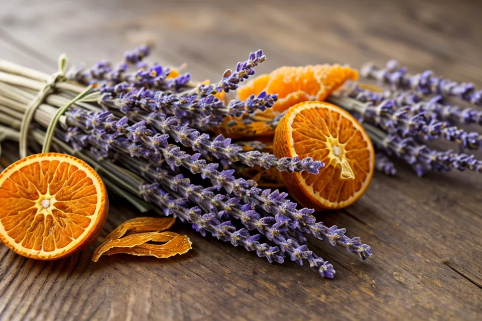 Lavande séchée et écorces d'agrumes à côté de flacons d'aromathérapie sur bois