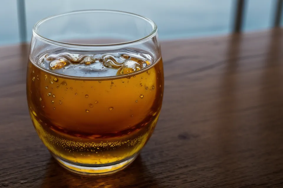 Gros plan d'un verre d'eau avec une nappe d'huile essentielle flottant à la surface