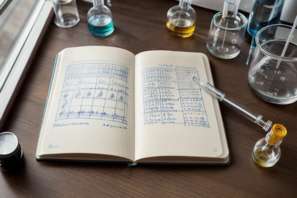 Carnet de notes manuscrit avec des formules chimiques et une pipette de précision