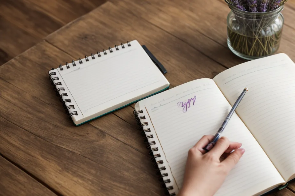 Main écrivant des notes sur la biochimie de la lavande dans un carnet.