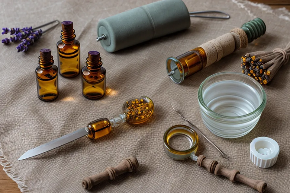 Livres de botanique ouverts et pipette en verre sur un bureau en bois.