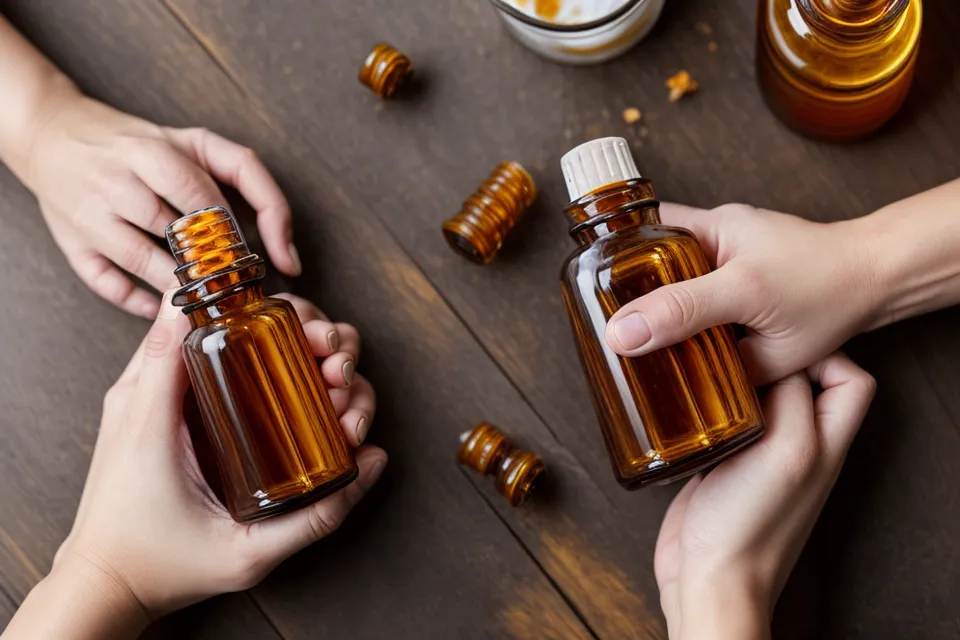 Main tenant une bouteille de vinaigre blanc à côté d'une huile de citron