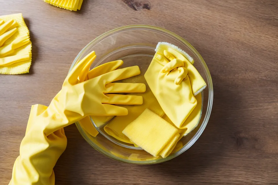 Mains gantées préparant un mélange nettoyant naturel avec des huiles essentielles