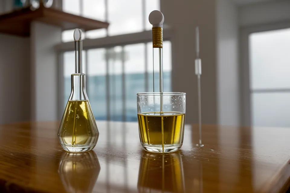 Détail d'une pipette versant une goutte d'huile essentielle dans un bécher en verre.