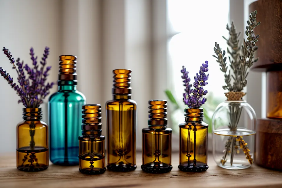 Bouteille d'huile végétale support et petit flacon roll-on sur une étagère en bois