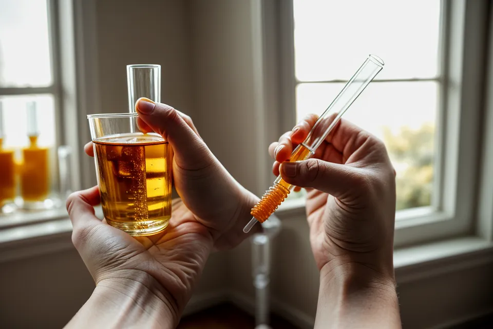 Gros plan d'une main utilisant une pipette pour préparer une synergie d'huiles essentielles.