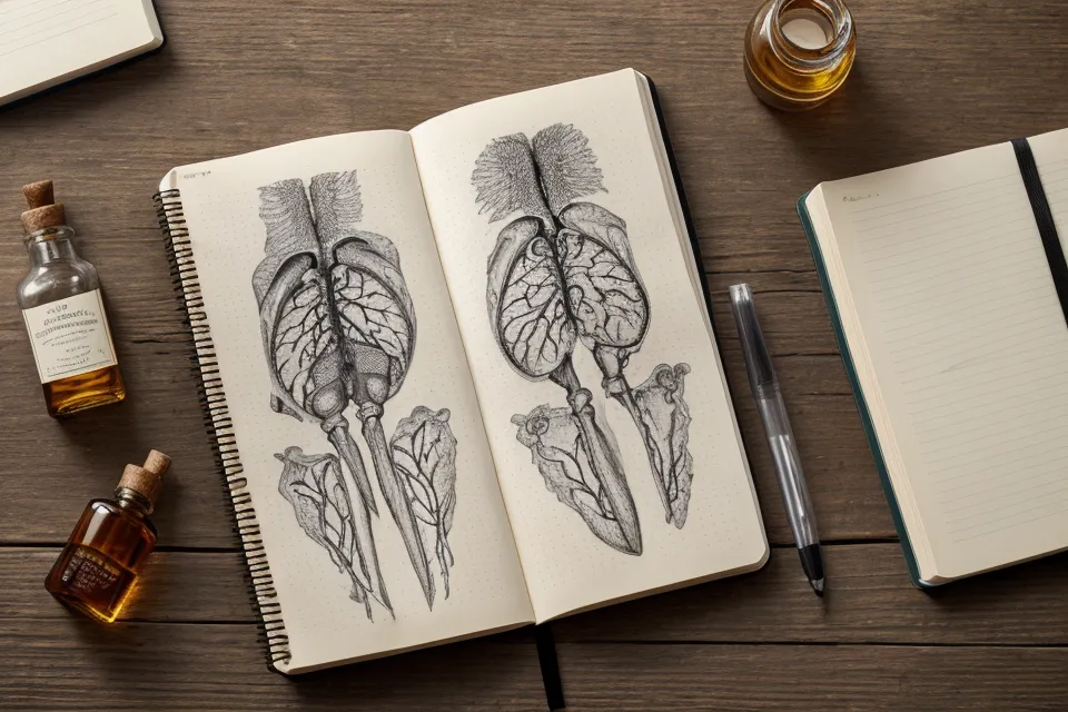 Notes manuscrites sur le métabolisme hépatique et un flacon d'huile essentielle.