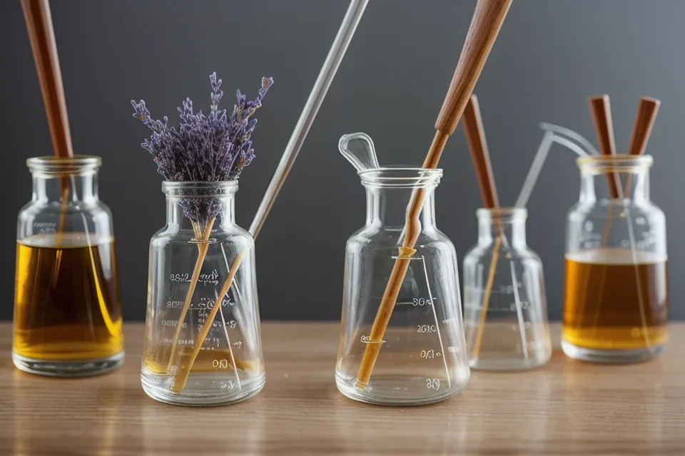 Béchers en verre et tige d'agitation pour préparer des mélanges d'huiles essentielles en toute sécurité.
