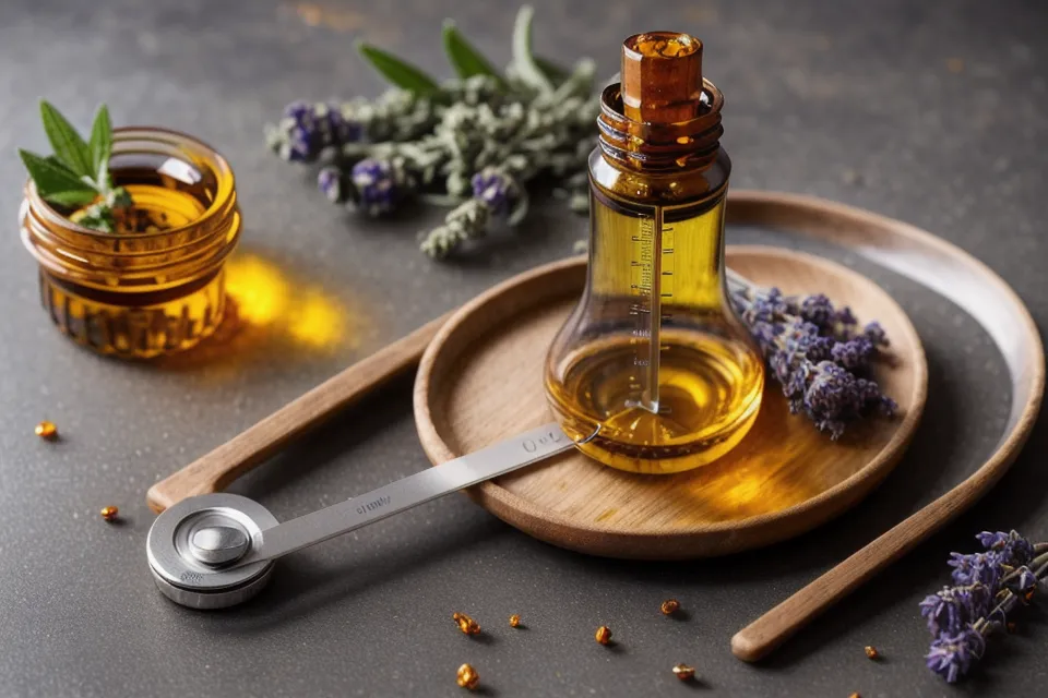 Utilisation d'une balance de précision pour doser les huiles essentielles goutte à goutte.