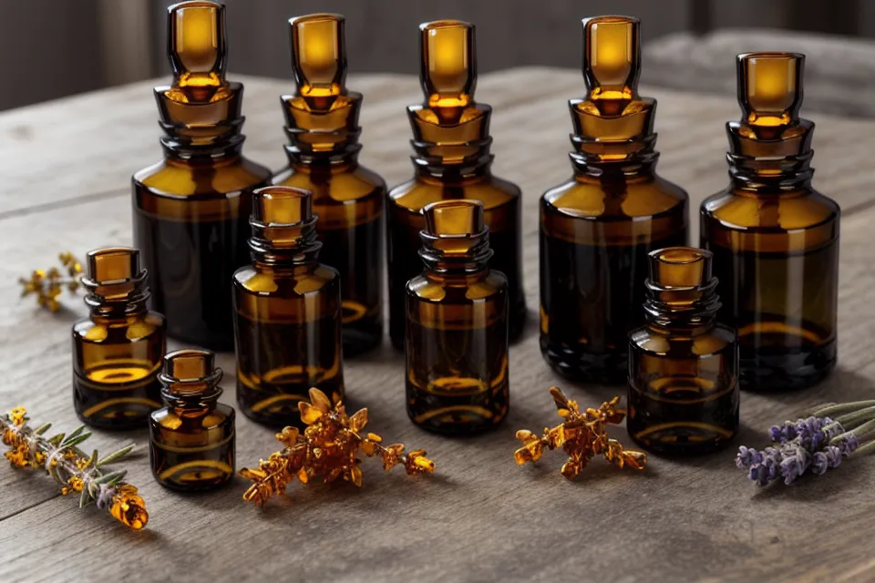 Flacons en verre ambré alignés pour la conservation des mélanges d'aromathérapie.