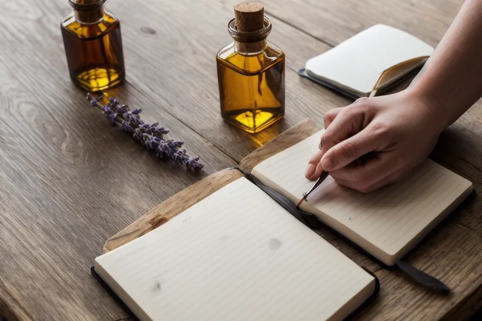 Prise de notes sur les dosages d'huiles essentielles dans un carnet de formation.