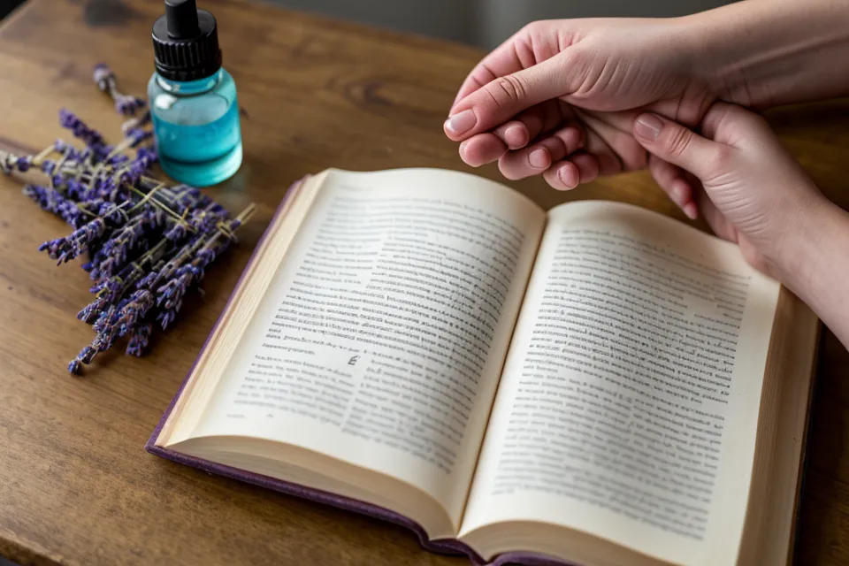 Main soulignant le mot chimiotype dans un livre d'aromathérapie scientifique.