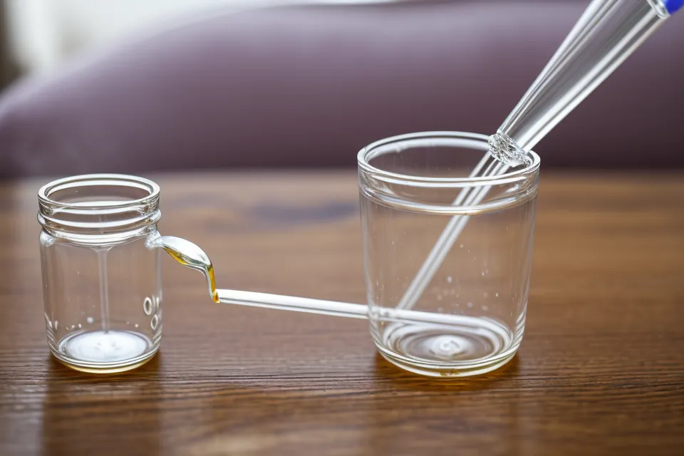 Dosage sécurité en formation aromathérapie : gros plan sur une pipette versant une goutte d'huile essentielle avec précision dans un bécher gradué