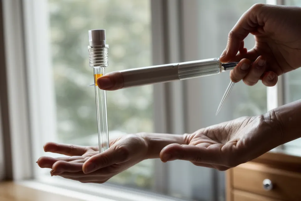 Gros plan sur une pipette remplissant un flacon de 10 ml d'huile essentielle.