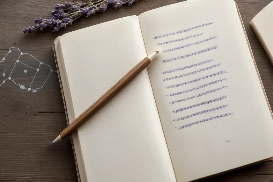 Notes manuscrites sur la chimie des huiles essentielles avec de la lavande séchée.