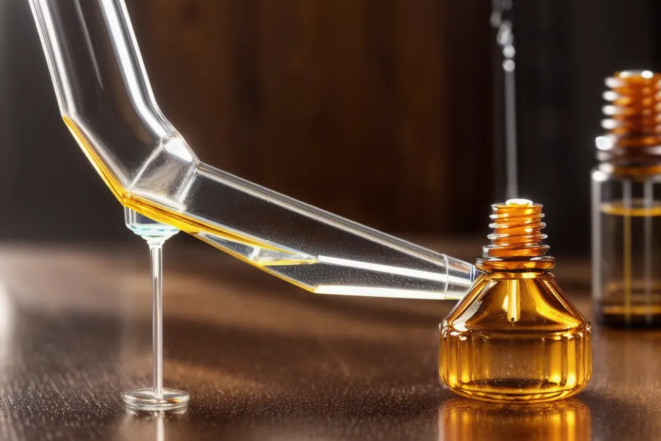Goutte d'huile essentielle tombant d'une pipette dans un flacon de 10ml