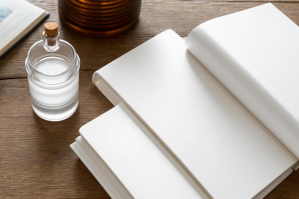 Un classeur blanc posé sur une table en bois à côté d'un flacon d'huile essentielle.
