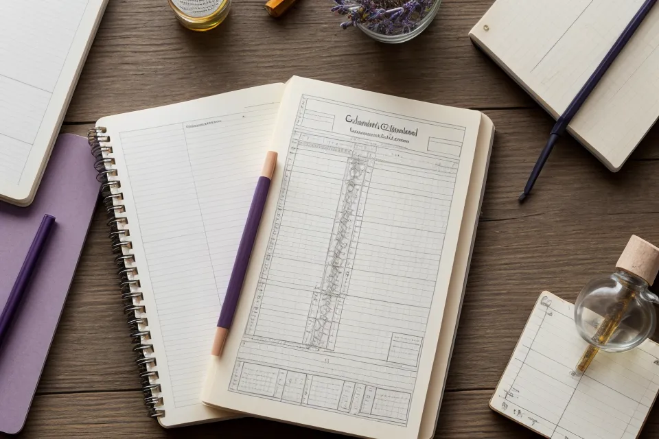 Détail d'un carnet de notes avec des formules chimiques et des noms de molécules d'huiles essentielles.